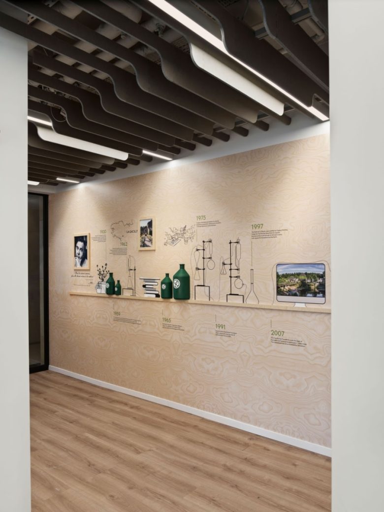 Коридор с брендированной стеной-таймлайном и полкой с зелеными бутылками Yves Rocher offices