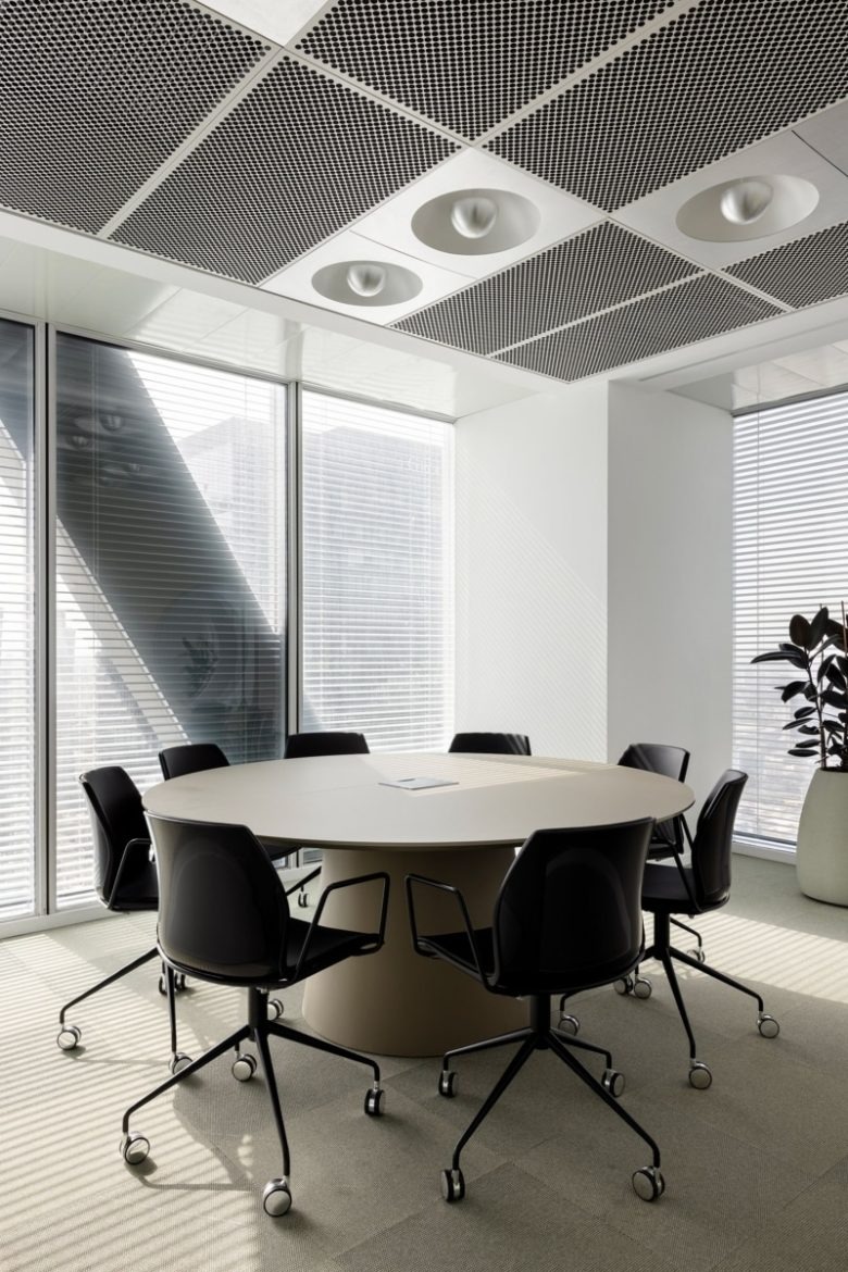 Круглый стол переговорной у панорамных окон Cato Networks Offices