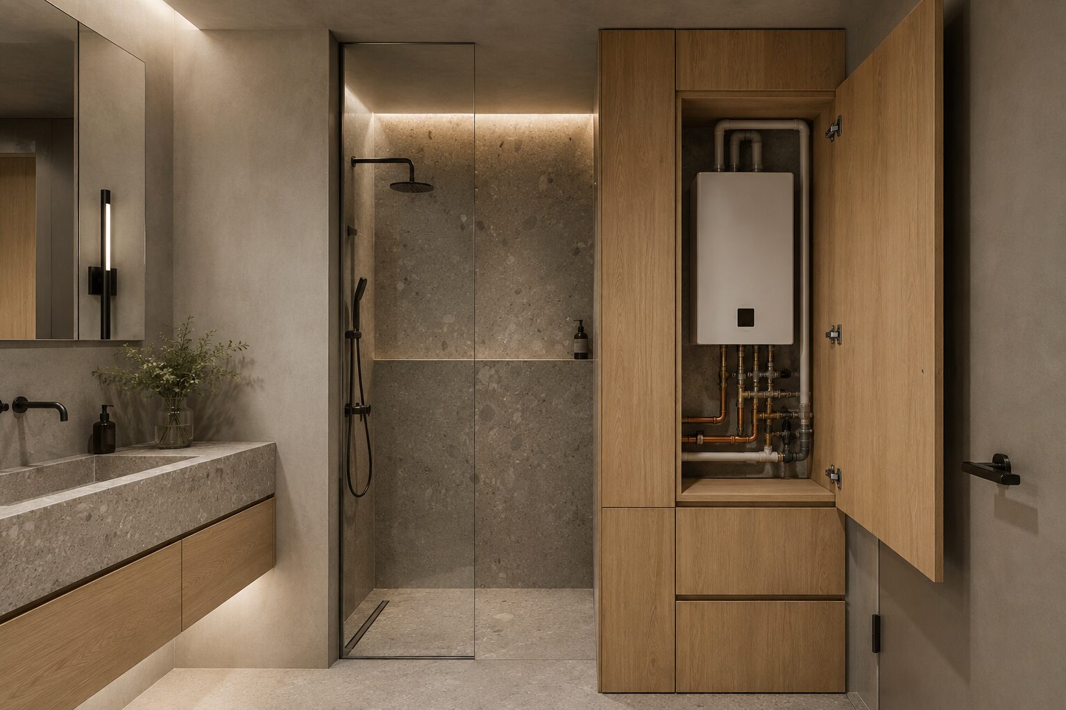Stylish small bathroom with a custom built-in utility cabinet next to a walk-in shower