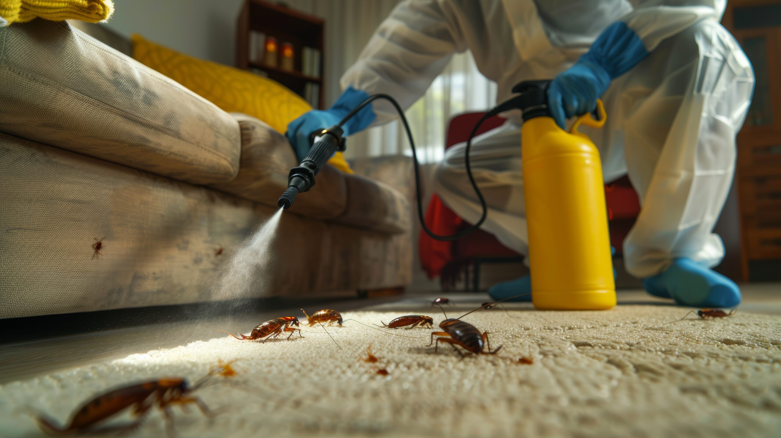 Pest control exterminating roaches inside the house. Professional exterminator in protective suit spraying insecticide from sprayer bottle over cockroaches crawling on floor and sofa at home.