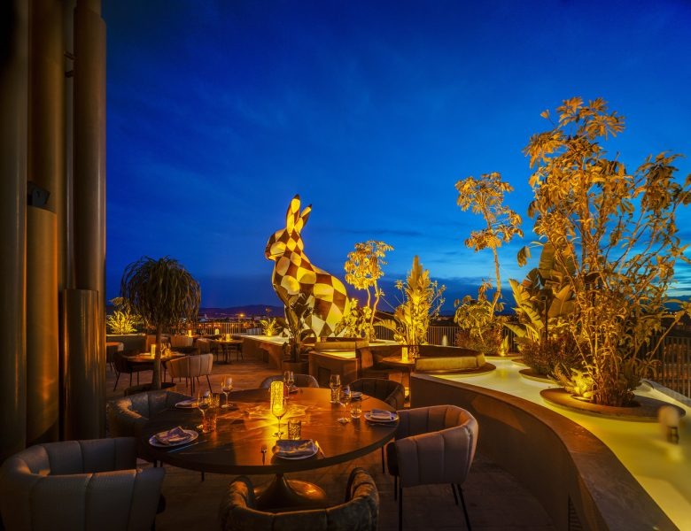 Вид сверху на террасу с посадочными местами и озеленением Odiseo Gastronomic and Leisure Center