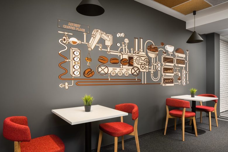 Зона кафе с настенной иллюстрацией Ascent office