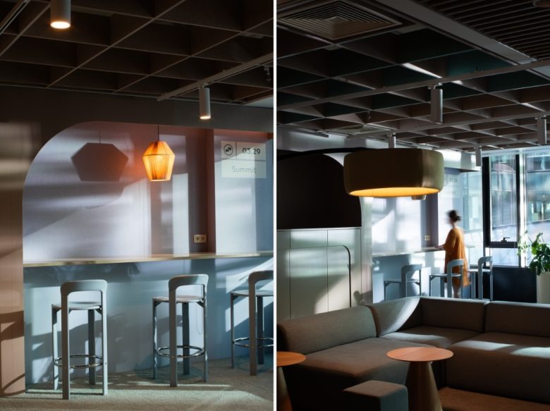 Зона отдыха с барной стойкой и мягким диваном Ørsted office