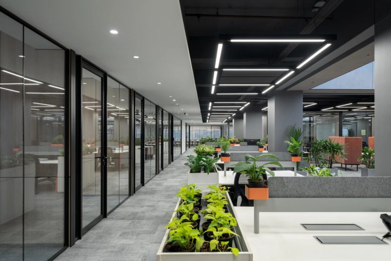 холл со стеклянными дверьми офисов FYBROS в Дели