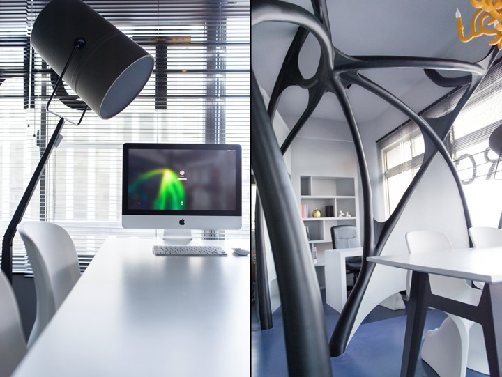 Креативный дизайн офиса: огромный светильник над рабочим местом