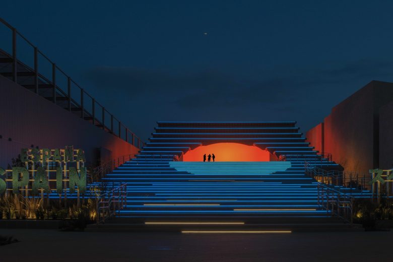 лестница издалека вечером Spanish Pavilion at Expo Osaka 2025