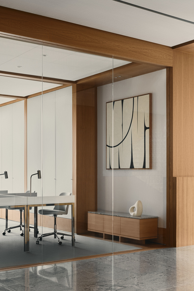 рабочий кабинет за стеклянной перегородкой столы с лампами Pracownia – The Workshop