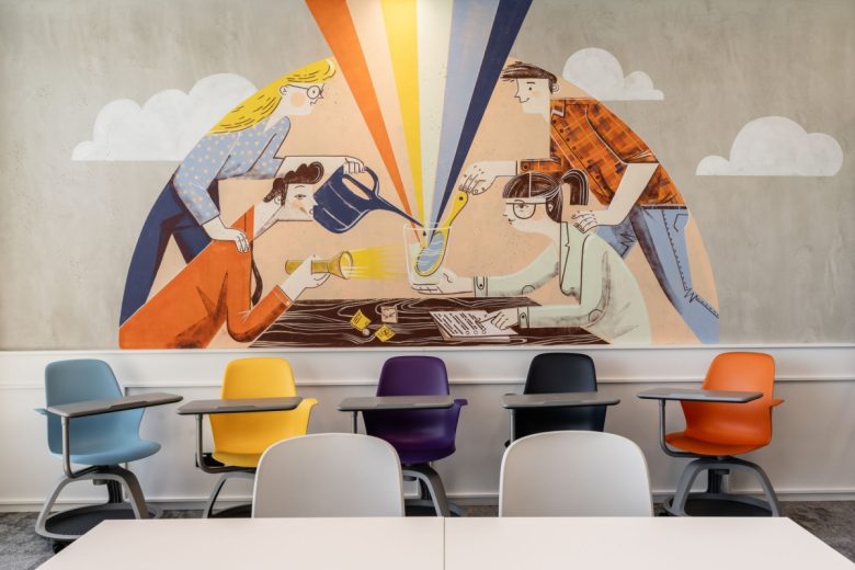 стена с пано и разноцветные стулья KRUK