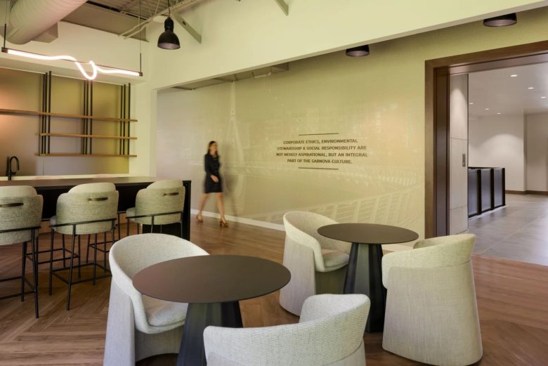 столики и барная стойка со стульями компании Sarnova